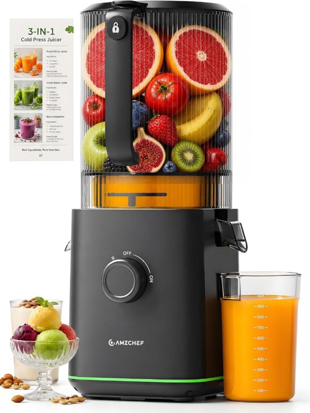 Cold Press Slow Juicer - 6.5” Whole Fruit Self-Feeding, Nutrient-Rich Juice